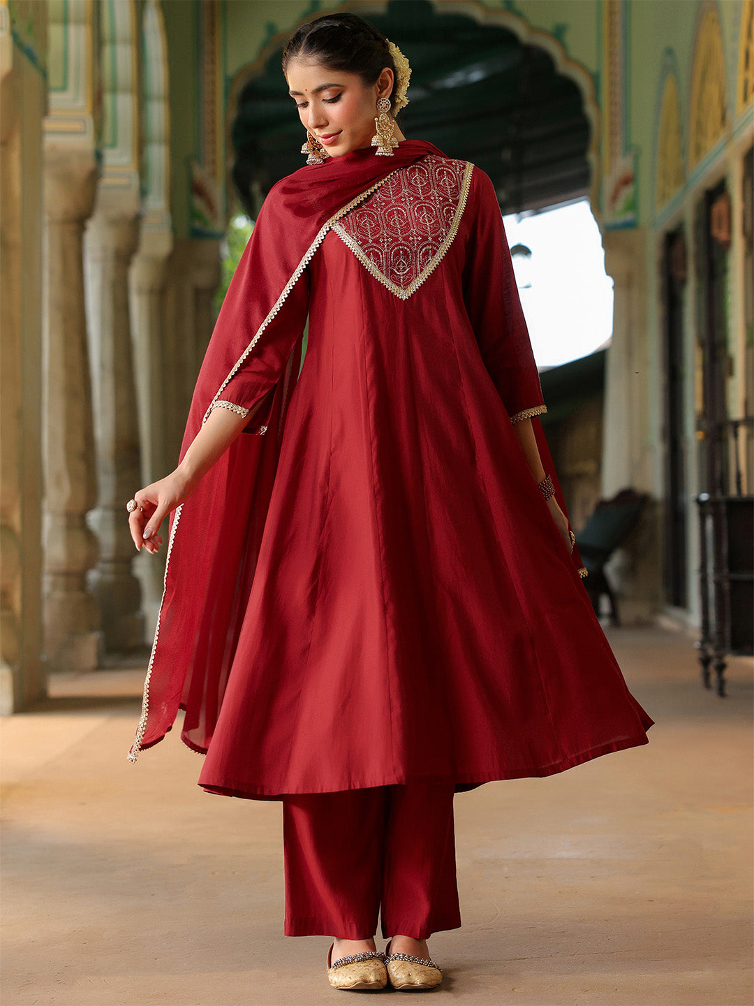 Janasya Women's Maroon Chanderi Silk Embroidered Anarkali Kurta Set