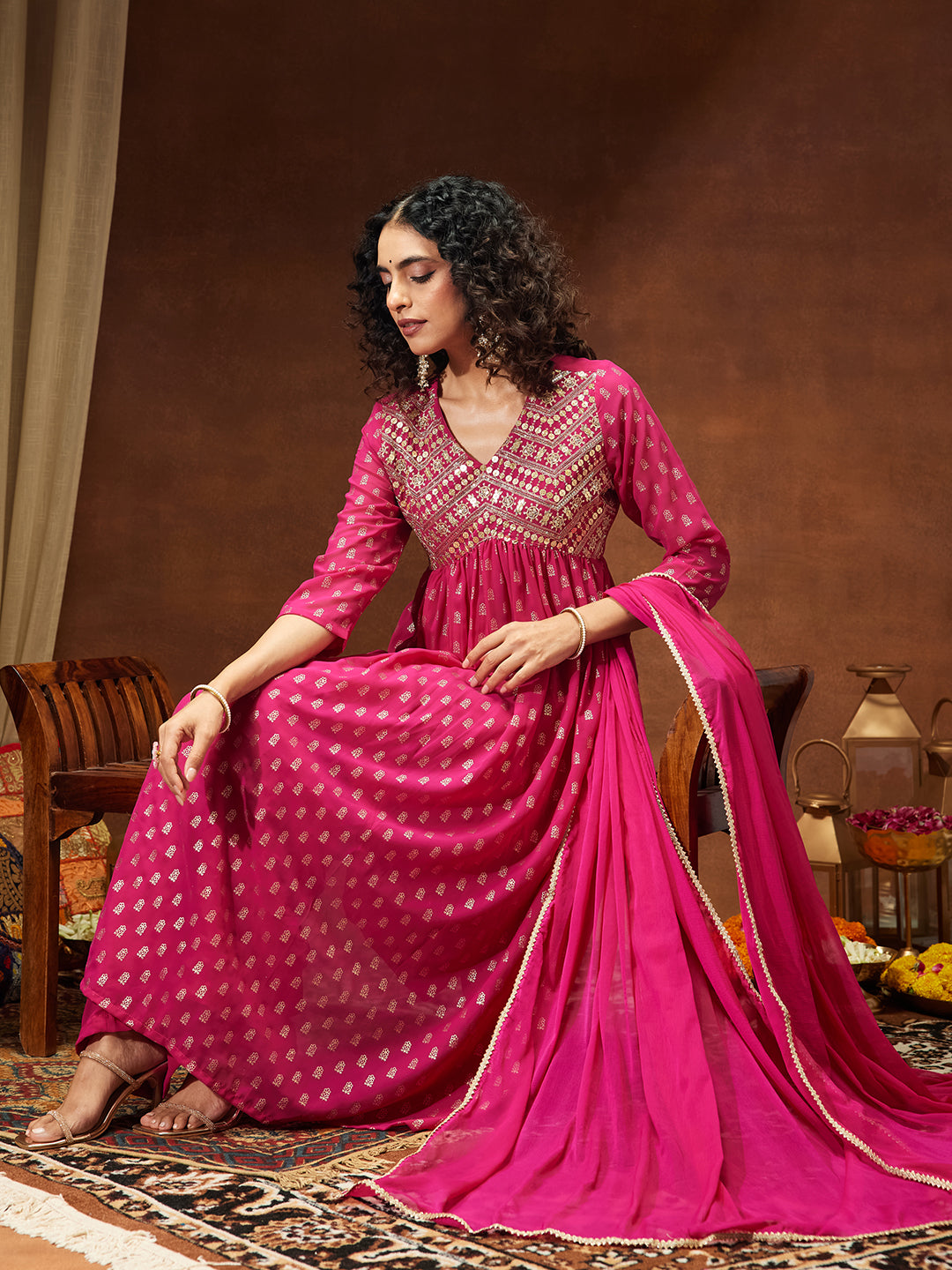 Janasya Women's Pink Georgette Embellished Gold Printed A-line Kurta With Palazzo & Dupatta Set