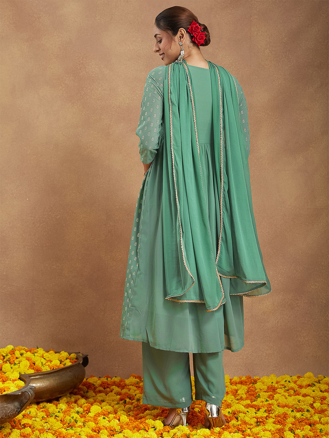 Janasya Women's Sage Green Georgette Embellished Gold Printed A-line Kurta Set