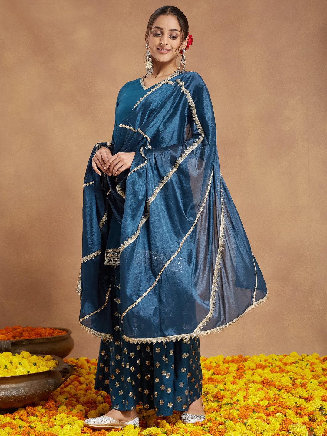 Janasya Women's Teal Blue Silk Blend Embellished Straight Kurta With Sharaa & Dupatta Set