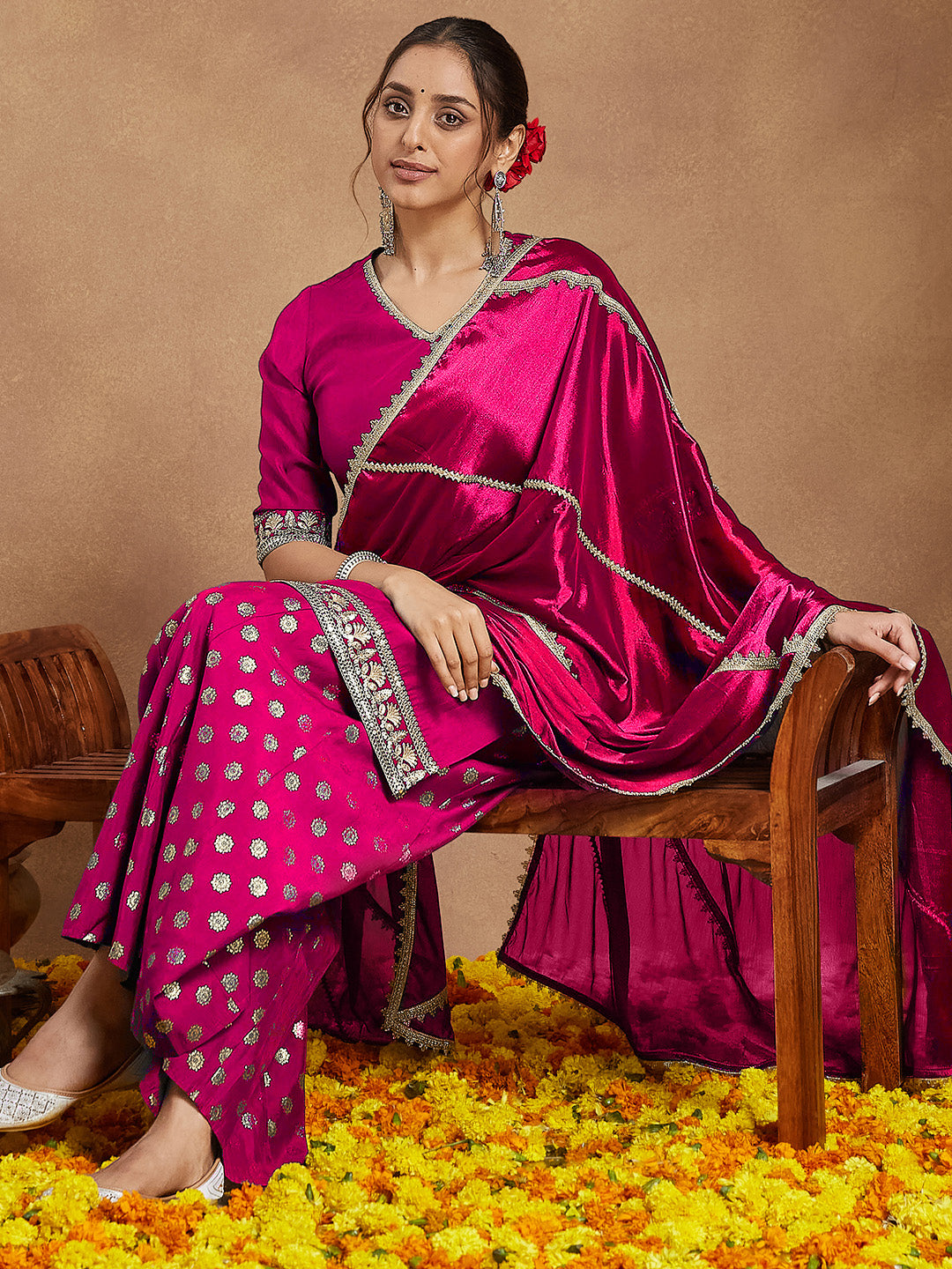 Janasya Women's Pink Silk Blend Embellished Straight Kurta With Sharara & Dupatta Set