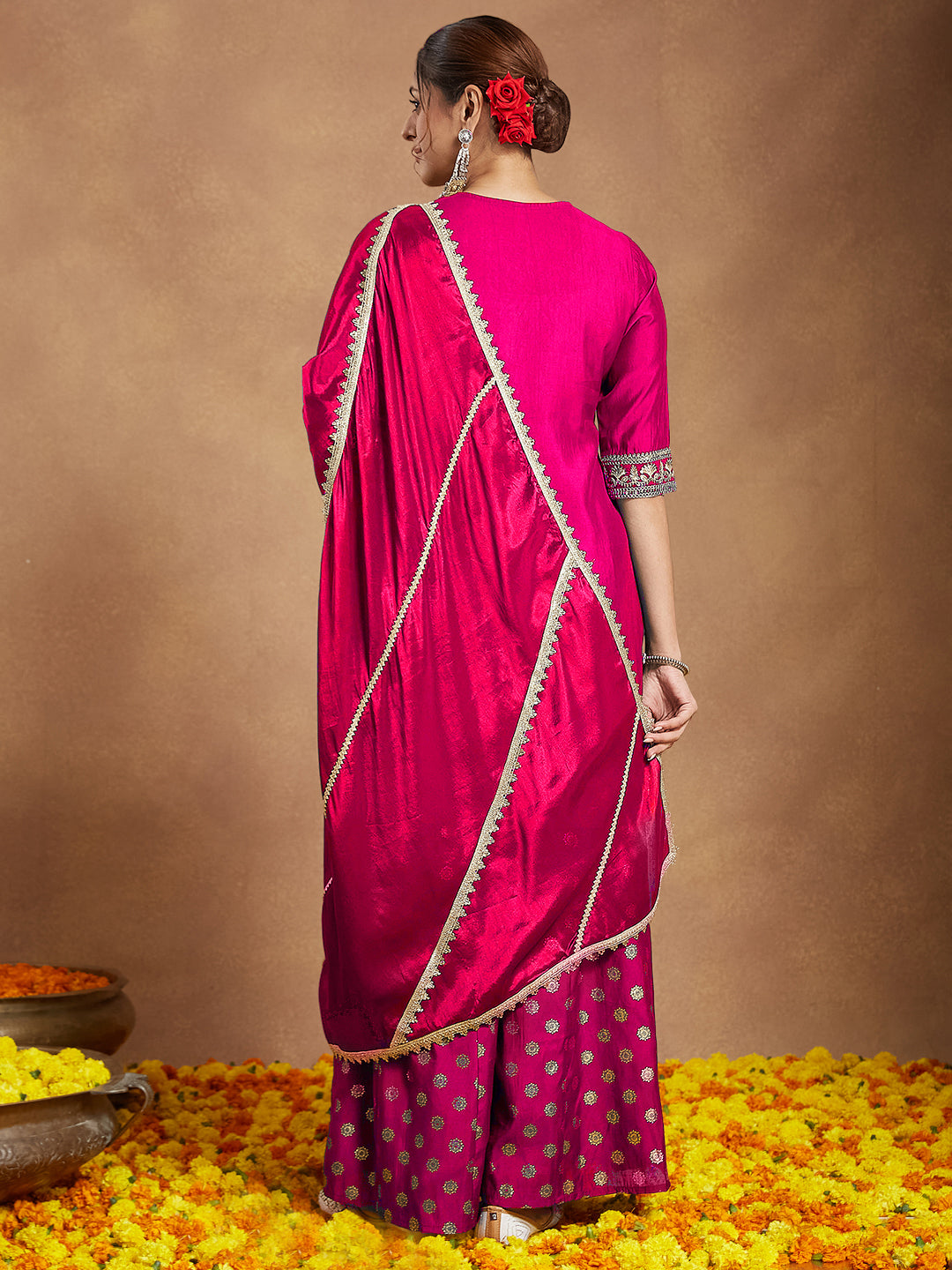 Janasya Women's Pink Silk Blend Embellished Straight Kurta With Sharara & Dupatta Set