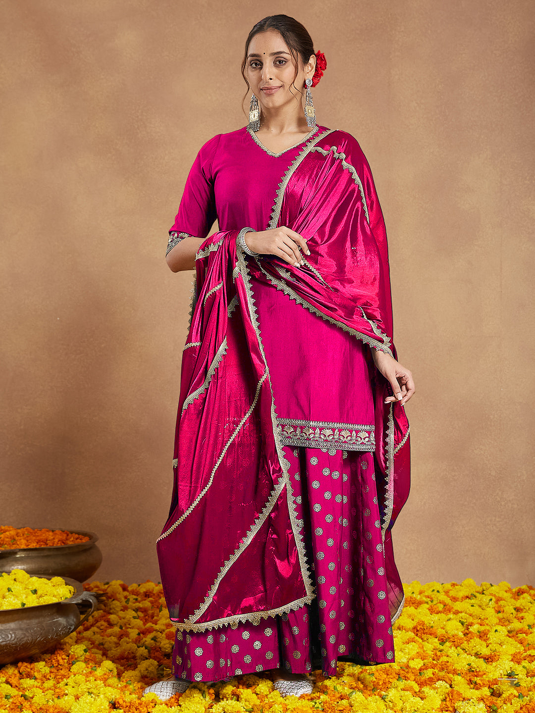 Janasya Women's Pink Silk Blend Embellished Straight Kurta With Sharara & Dupatta Set