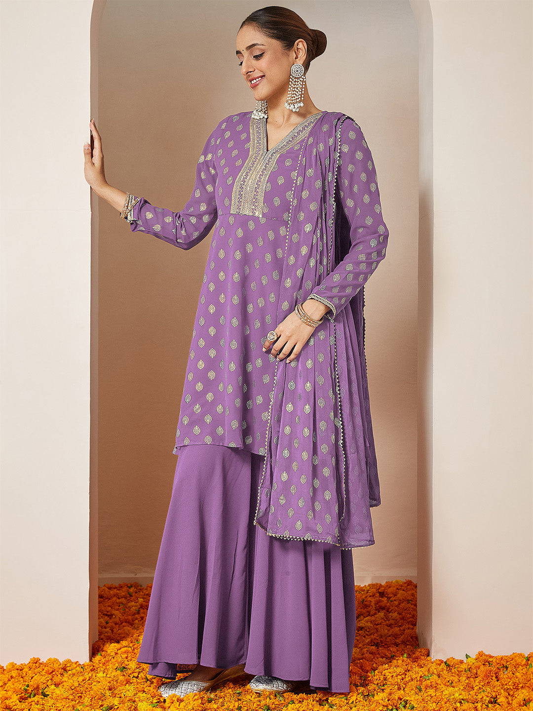 Janasya Women's Purple Georgette Embellished Gold Printed A-line Kurta With Sharara & Dupatta Set
