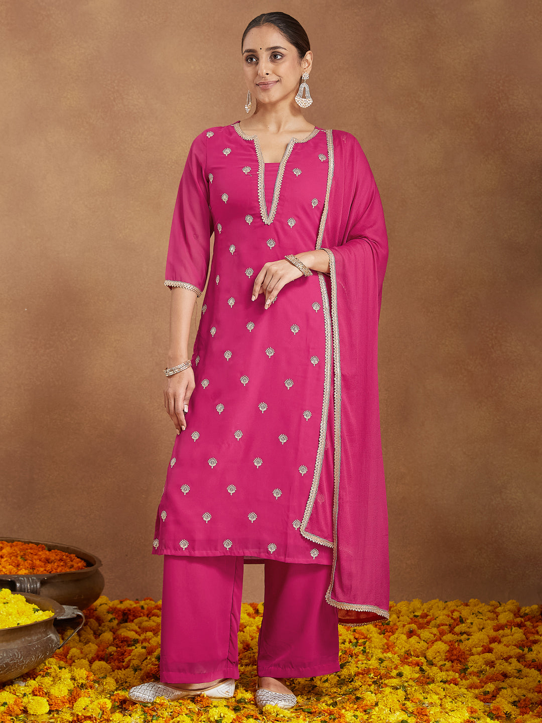 Janasya Women's Pink Georgette Embellished Straight Kurta With Palazzo Dupatta Set