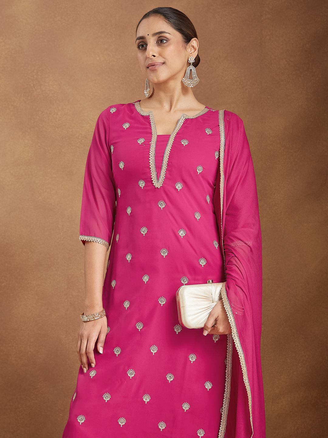 Janasya Women's Pink Georgette Embellished Straight Kurta With Palazzo Dupatta Set