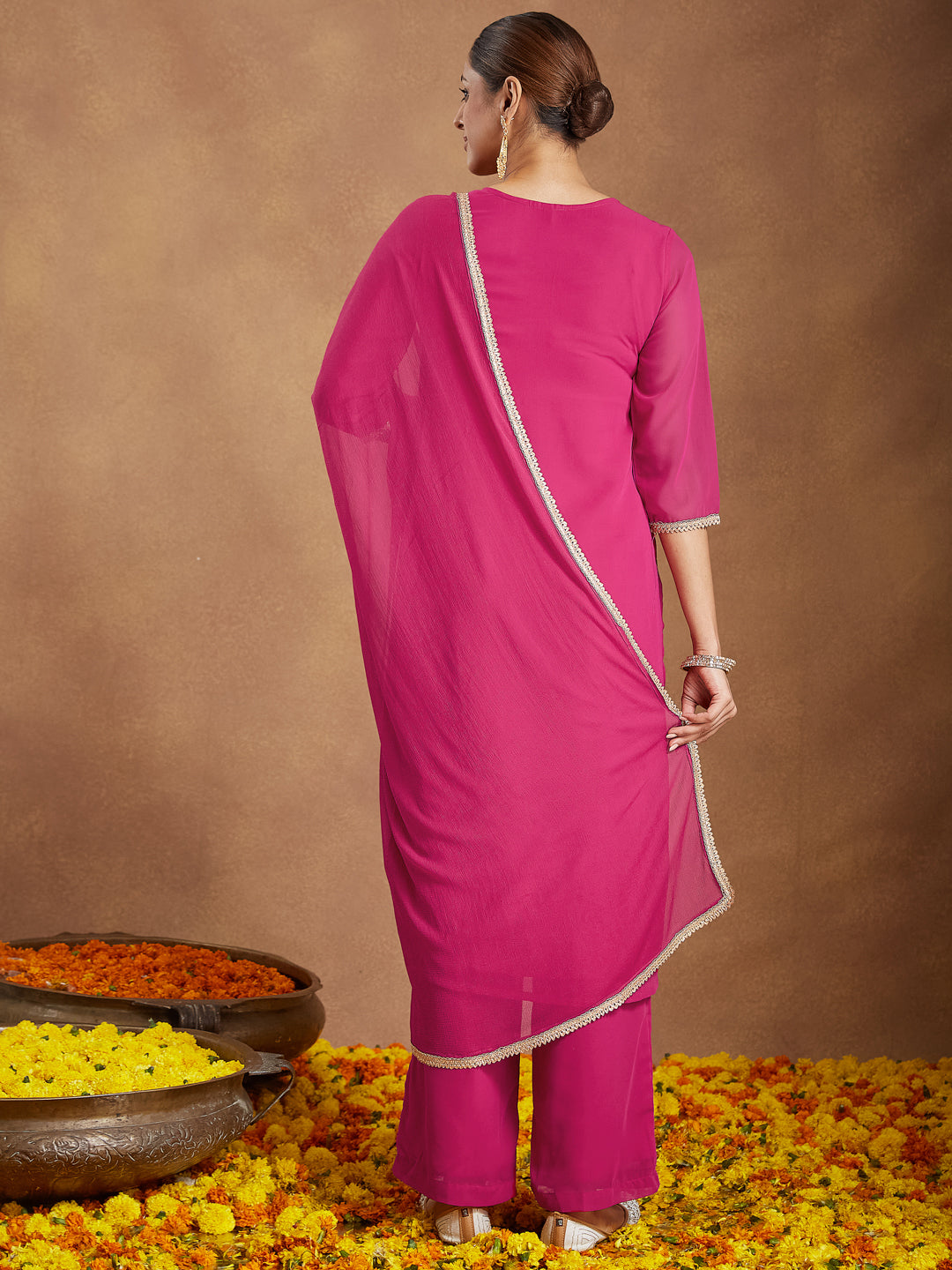Janasya Women's Pink Georgette Embellished Straight Kurta With Palazzo Dupatta Set