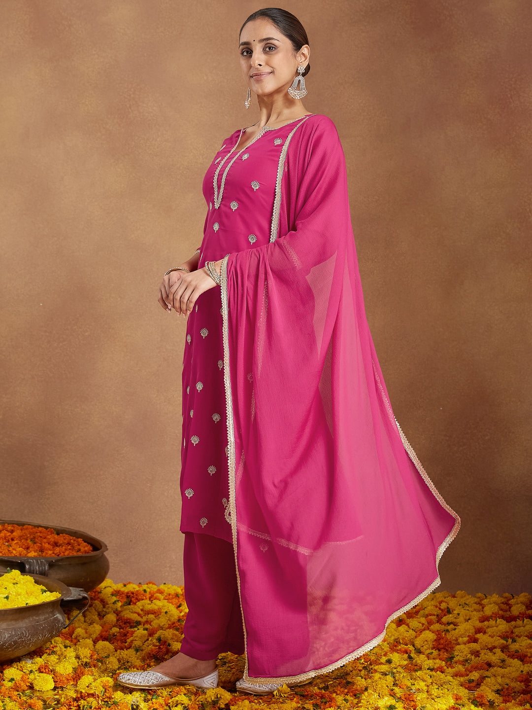 Janasya Women's Pink Georgette Embellished Straight Kurta With Palazzo Dupatta Set