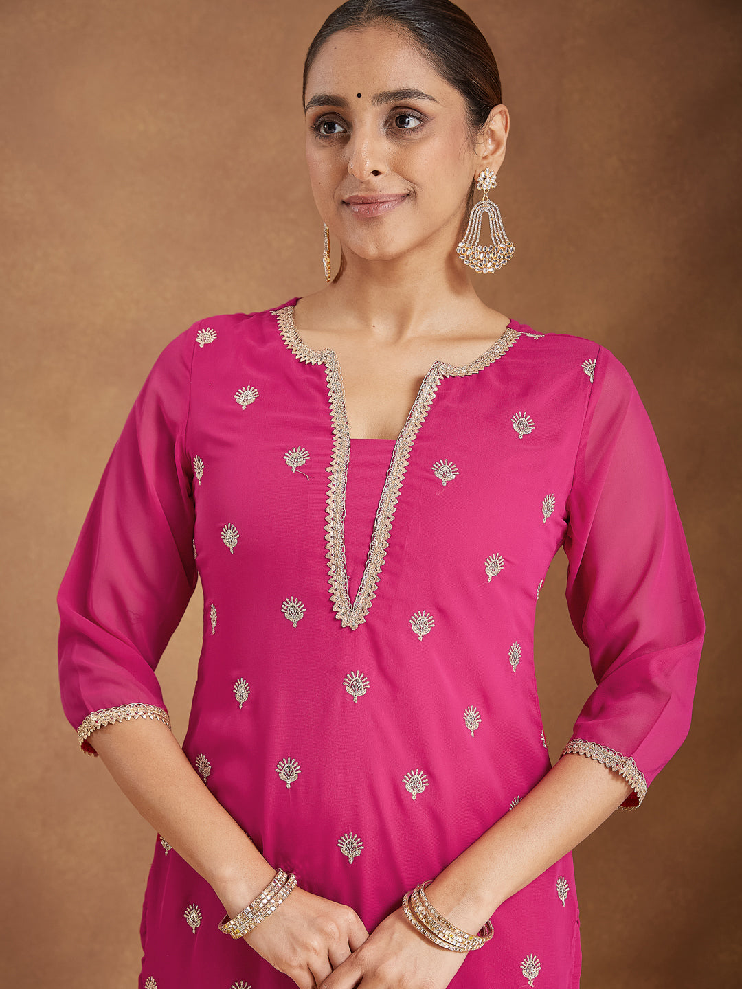 Janasya Women's Pink Georgette Embellished Straight Kurta With Palazzo Dupatta Set
