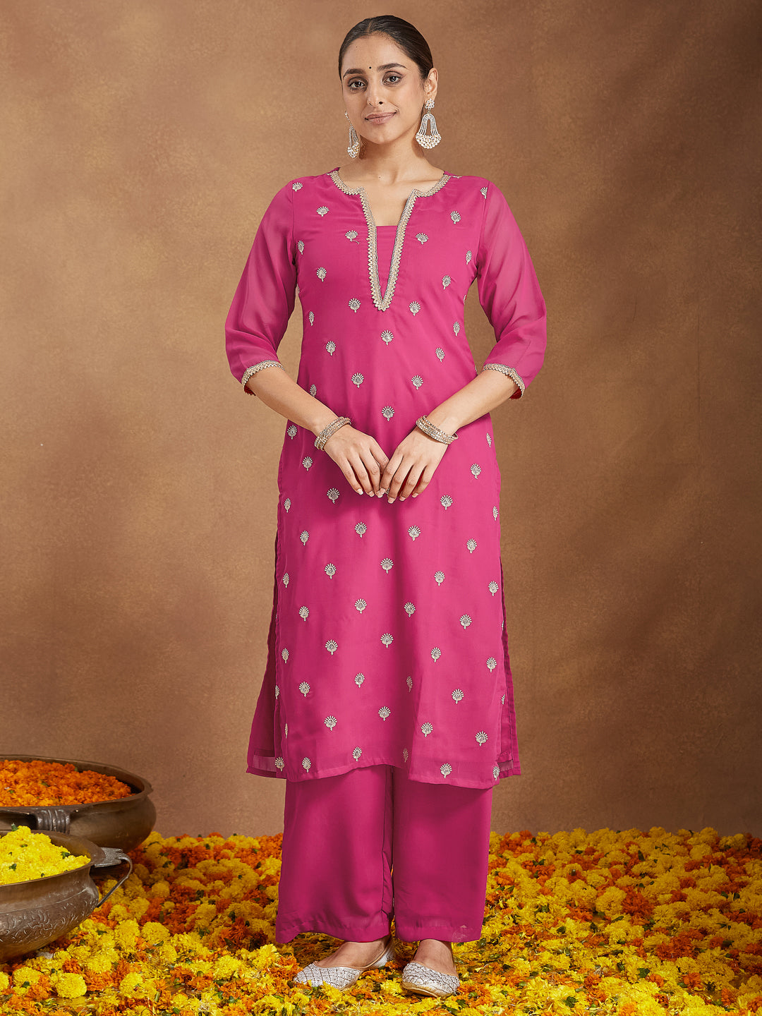 Janasya Women's Pink Georgette Embellished Straight Kurta With Palazzo Dupatta Set