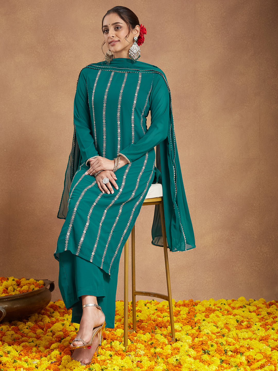 Janasya Women's Sea Green Georgette Embellished Straight Kurta With Palazzo & Dupatta Set