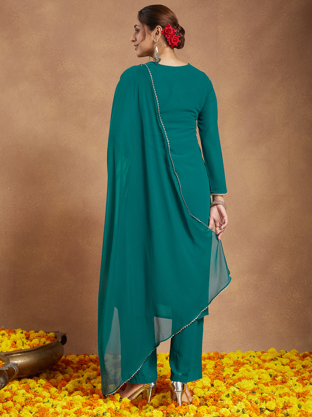 Janasya Women's Sea Green Georgette Embellished Straight Kurta With Palazzo & Dupatta Set