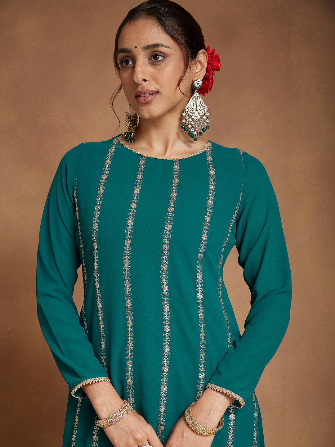 Janasya Women's Sea Green Georgette Embellished Straight Kurta With Palazzo & Dupatta Set