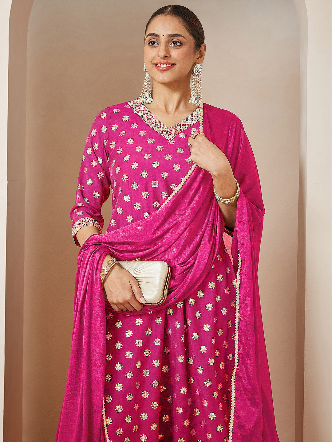 Janasya Women's Pink Chanderi Silk Foil Printed Embroidered A-line Kurta Set