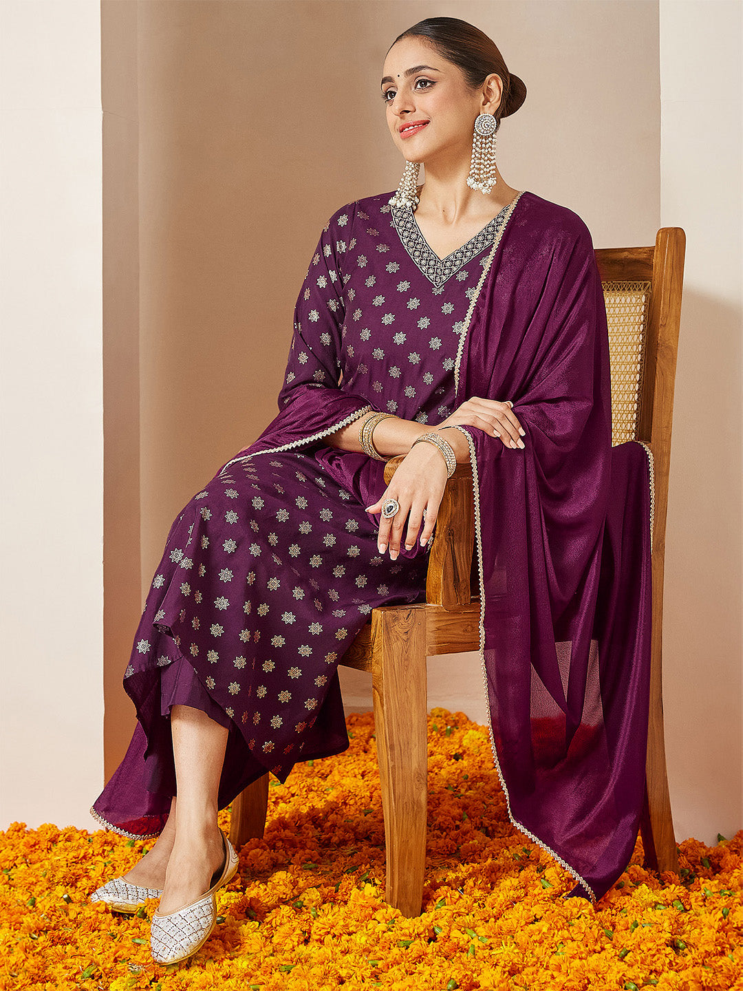 Janasya Women's Wine Chanderi Silk Foil Printed Embroidered A-line Kurta Set