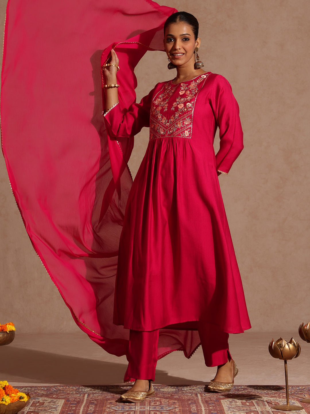 Janasya Women's Pink Silk Blend Yoke Embroidered A-line Kurta Set