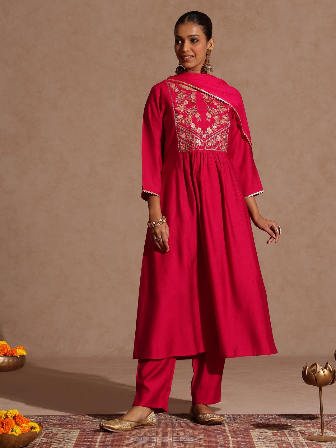Janasya Women's Pink Silk Blend Yoke Embroidered A-line Kurta Set