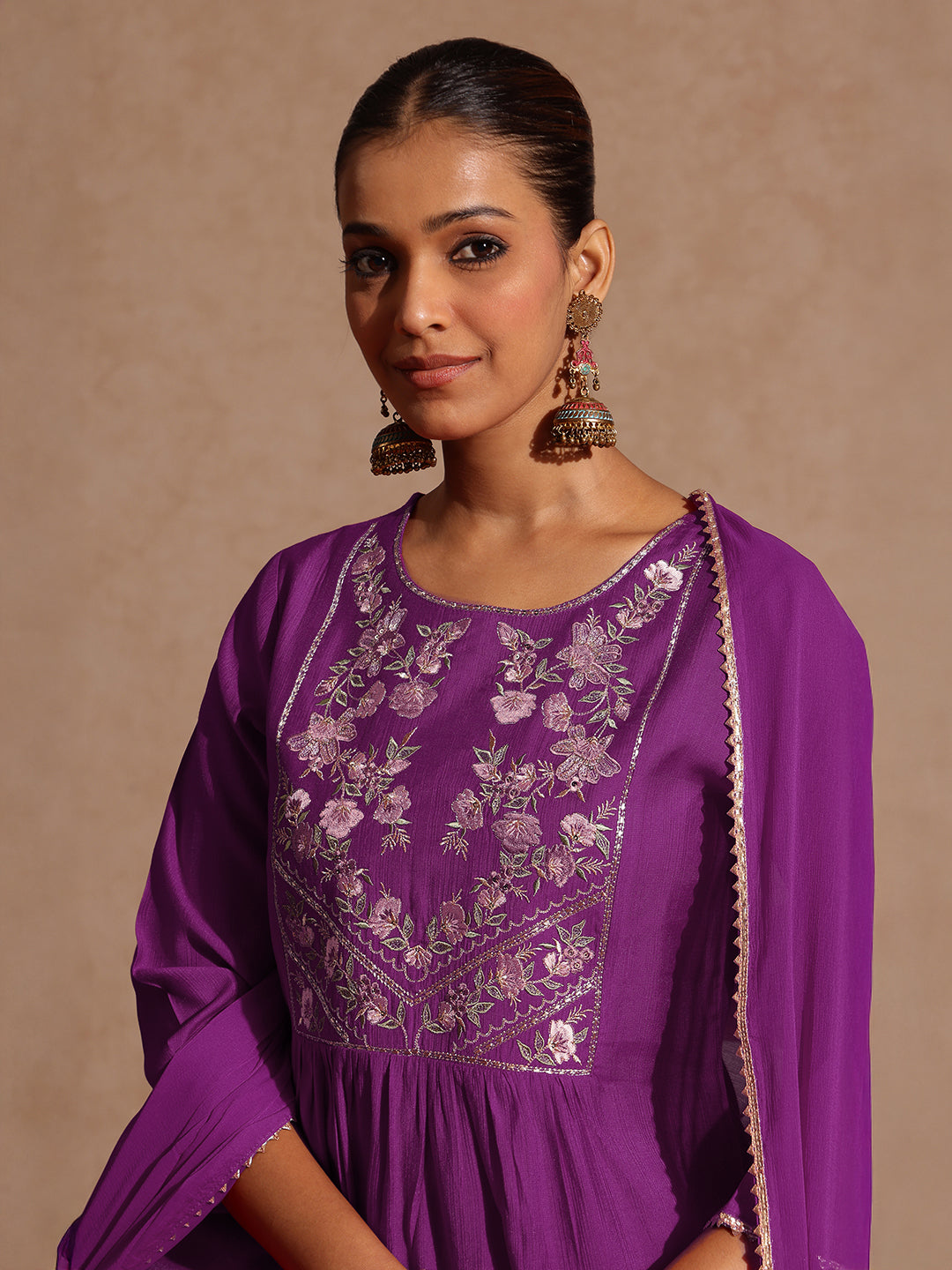 Janasya Women's Purple Silk Blend Yoke Embroidered A-line Kurta Set