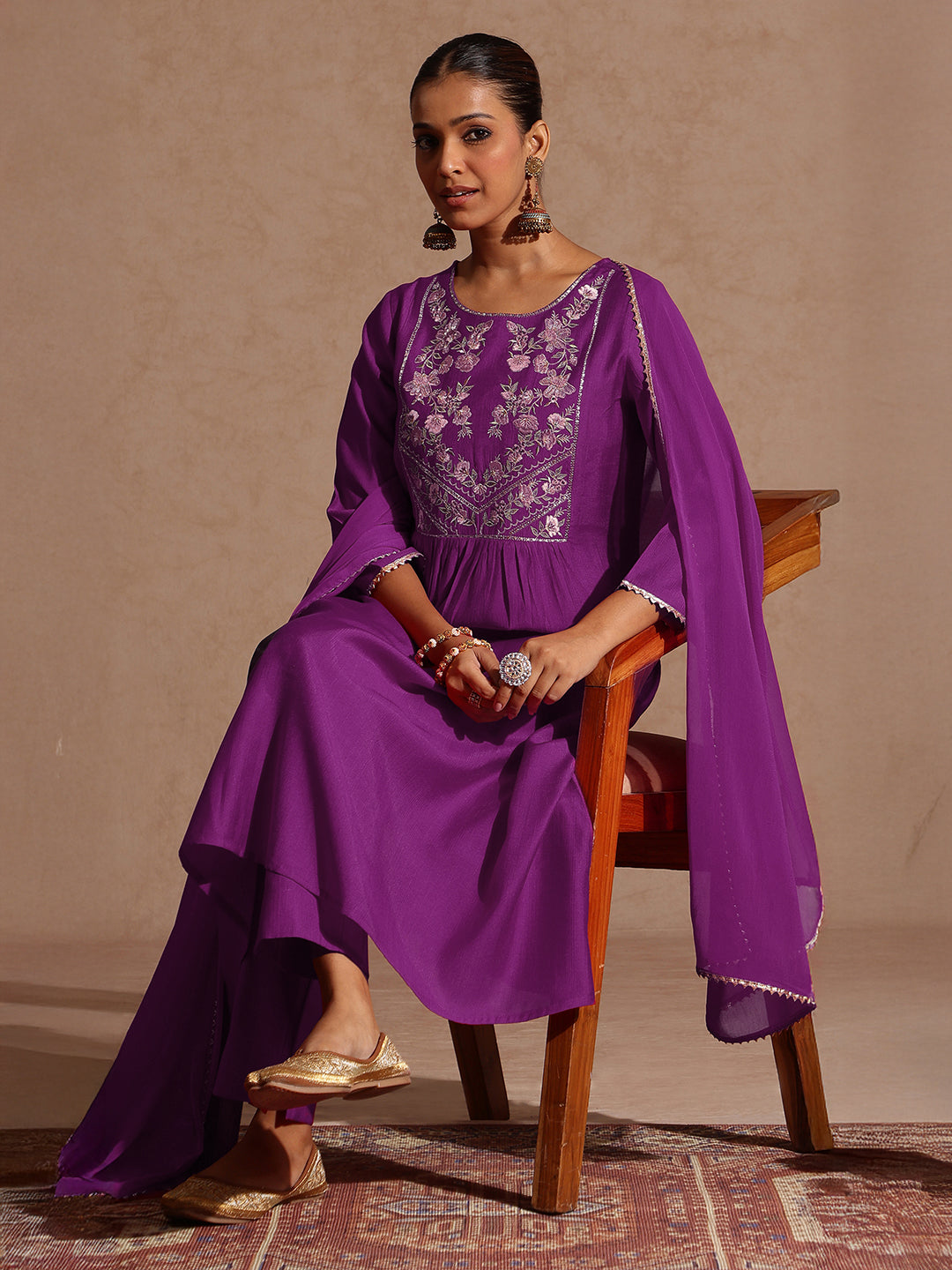 Janasya Women's Purple Silk Blend Yoke Embroidered A-line Kurta Set