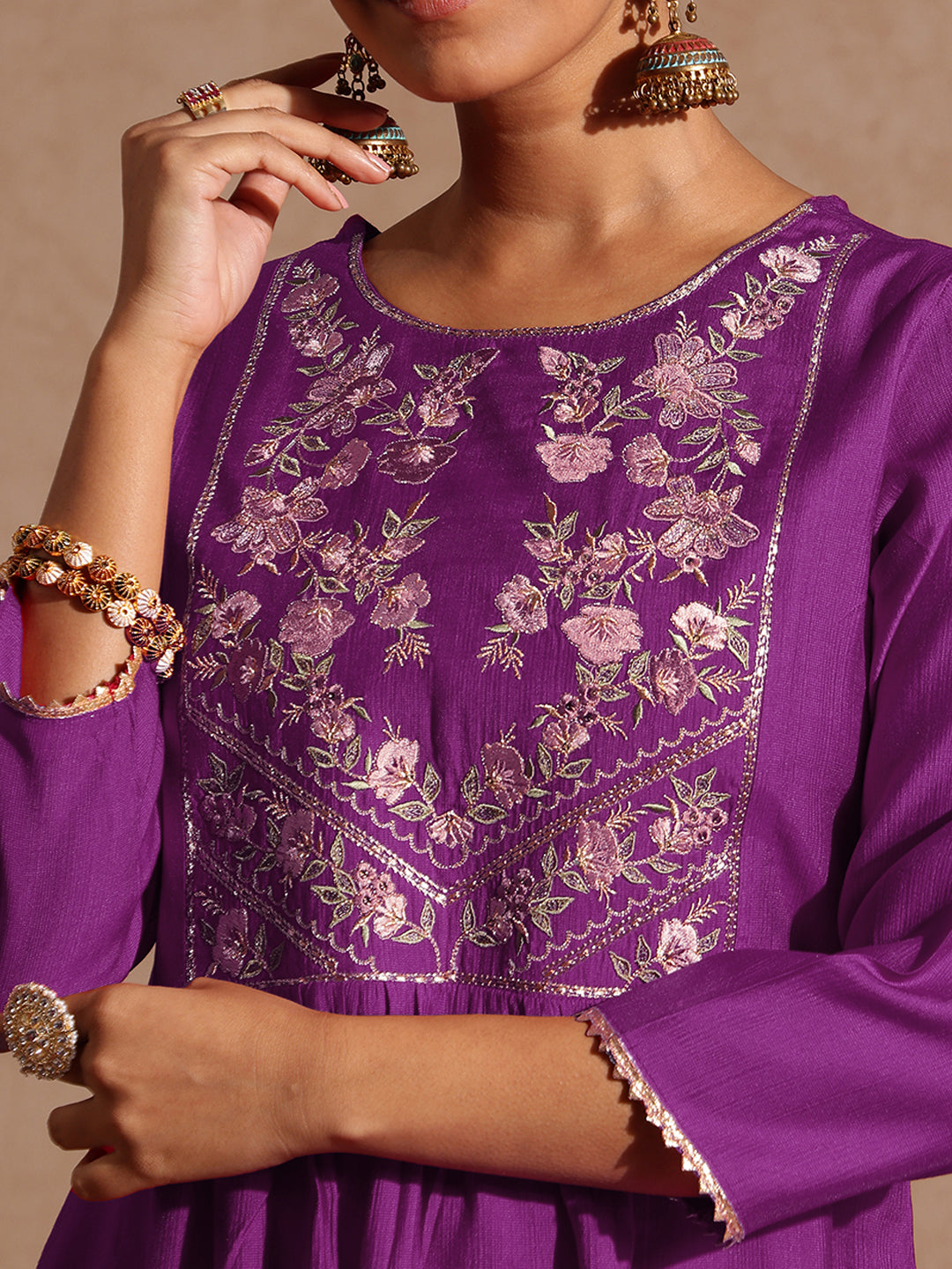 Janasya Women's Purple Silk Blend Yoke Embroidered A-line Kurta Set