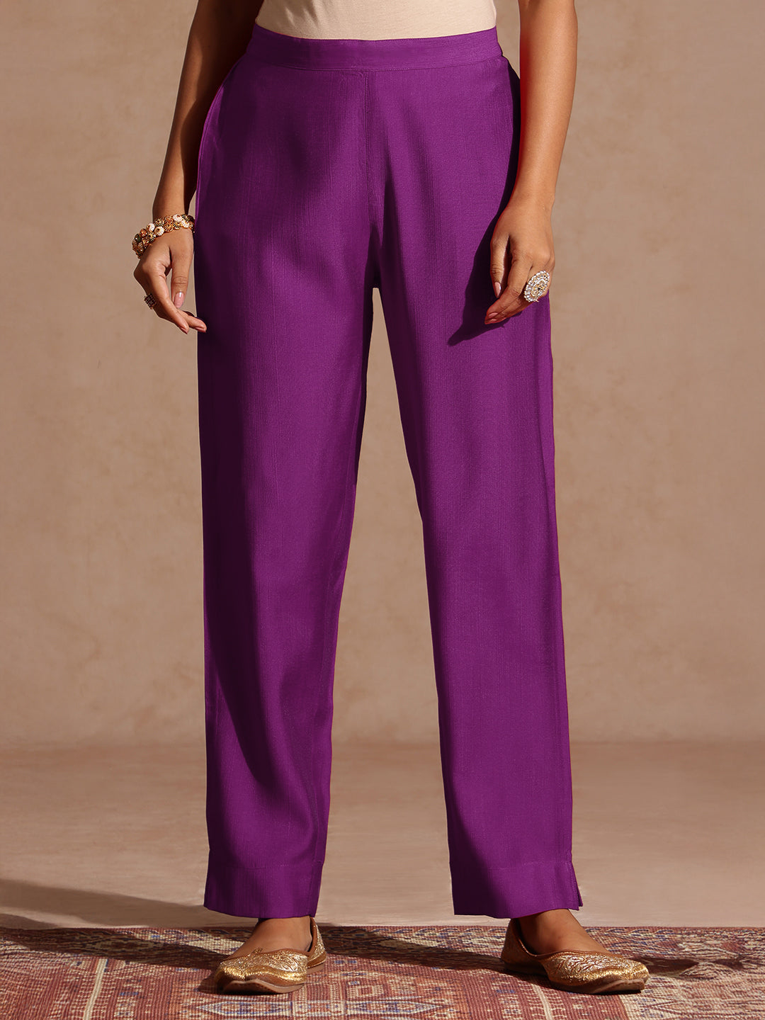 Janasya Women's Purple Silk Blend Yoke Embroidered A-line Kurta Set