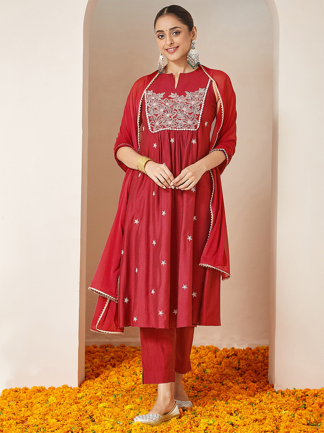 Janasya Women's Red Silk Blend Embroidered A-line Kurta Set
