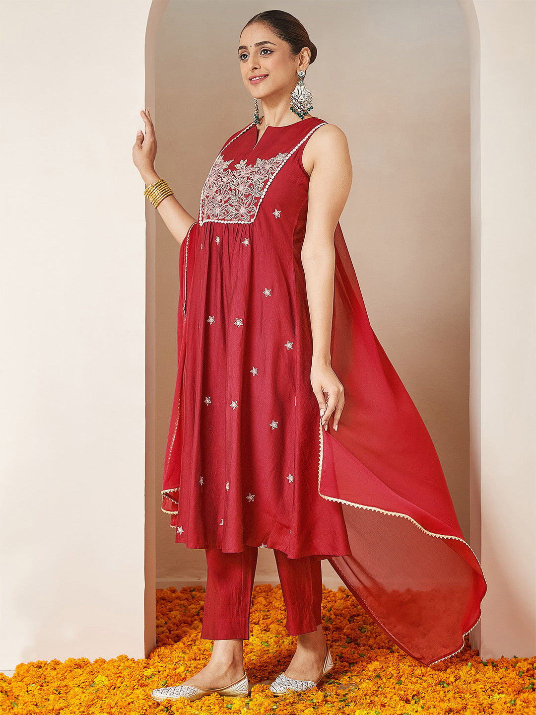 Janasya Women's Red Silk Blend Embroidered A-line Kurta Set