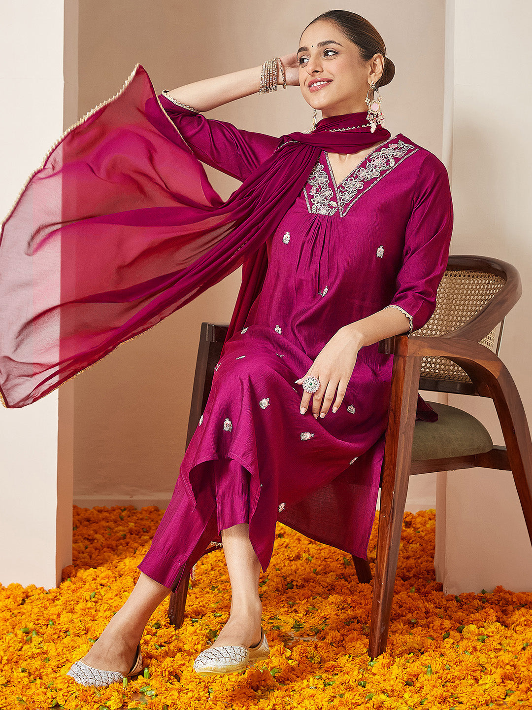 Janasya Women's Pink Silk Blend Embroidered A-line Kurta Set