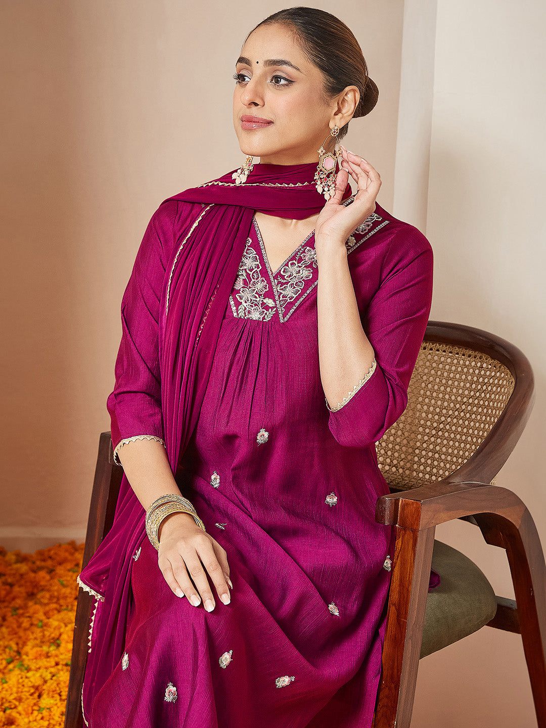 Janasya Women's Pink Silk Blend Embroidered A-line Kurta Set