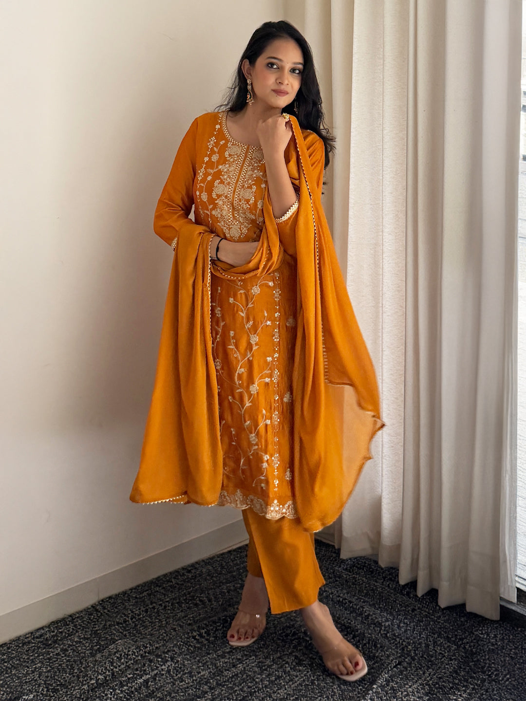 Janasya Women's Mustard Silk Blend Floral Zari Embroidered Straight Kurta Set