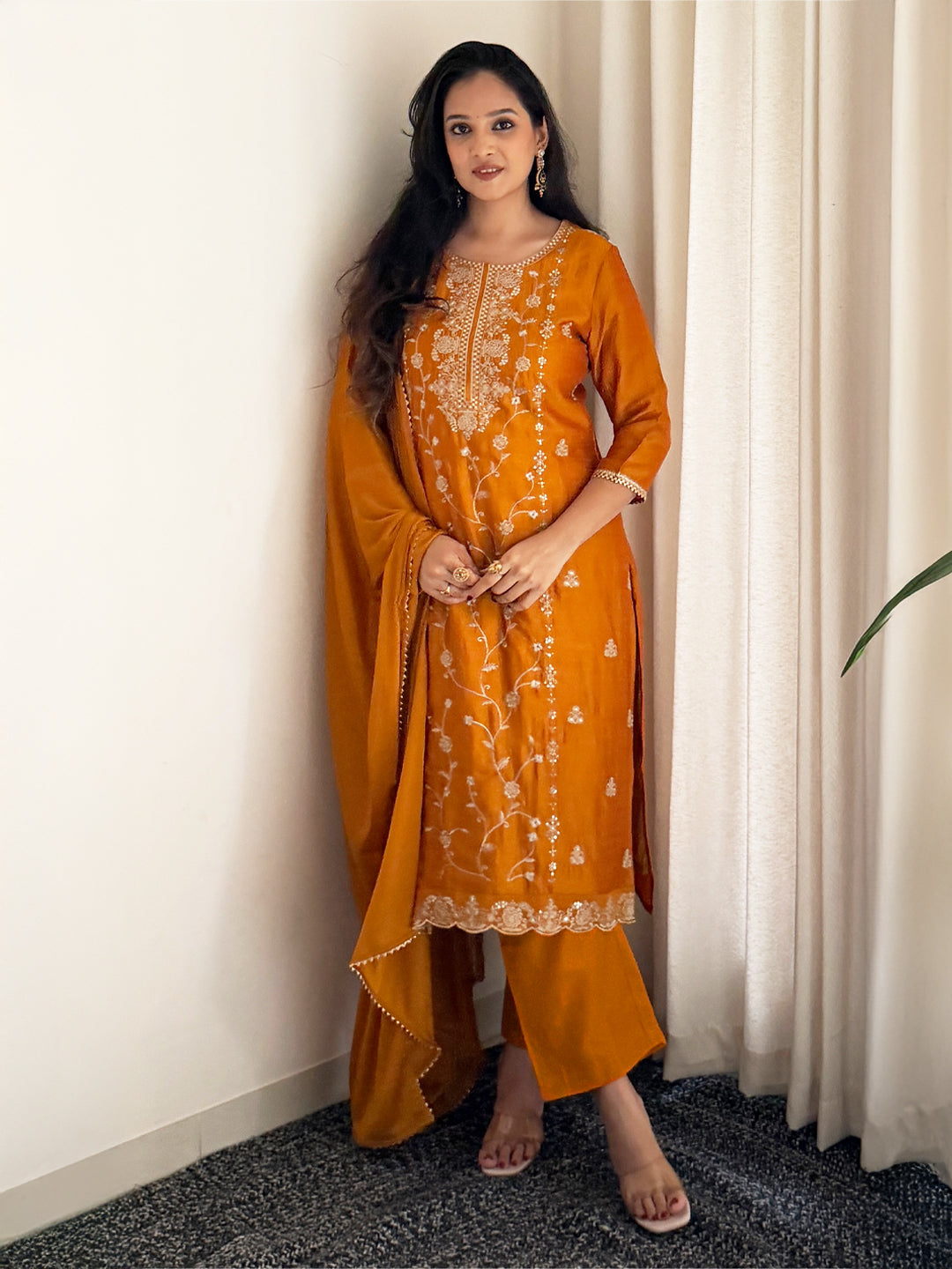 Janasya Women's Mustard Silk Blend Floral Zari Embroidered Straight Kurta Set