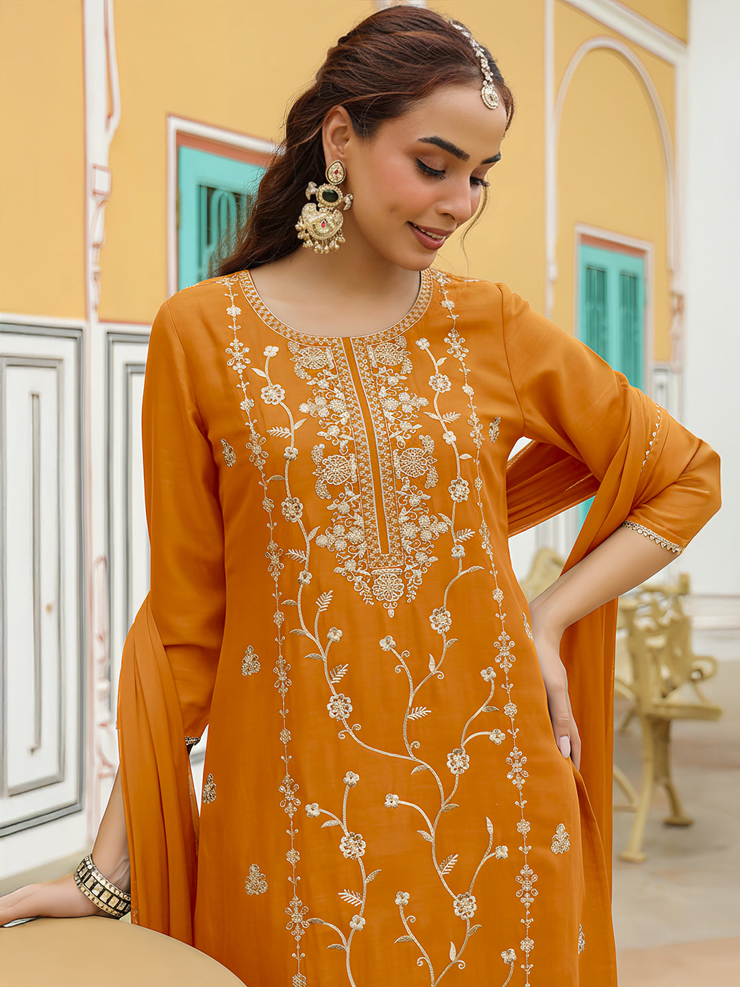 Janasya Women's Mustard Silk Blend Zari Embroidered Straight Kurta Set