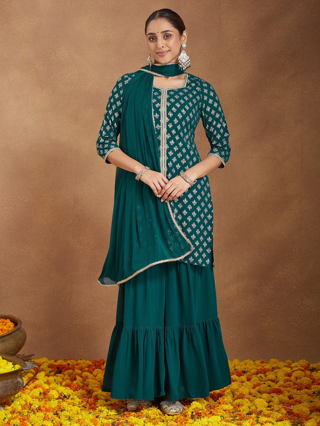 Janasya Women's Teal Green Georgette Embellished Foil Printed Straight Kurta With Sharara & Dupatta