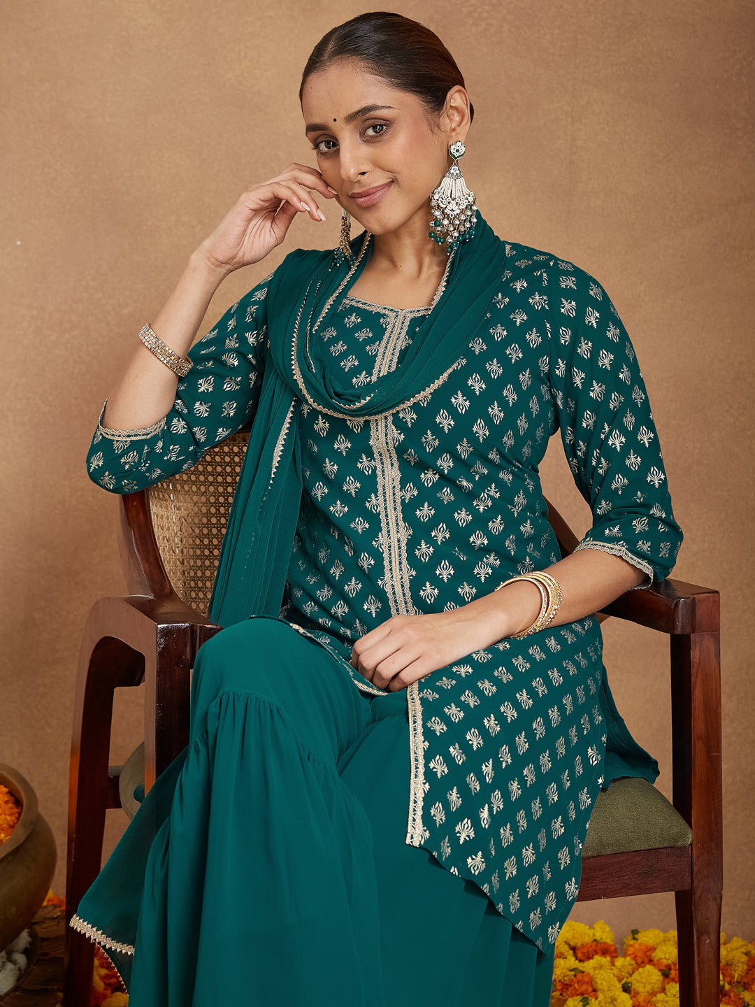 Janasya Women's Teal Green Georgette Embellished Foil Printed Straight Kurta With Sharara & Dupatta