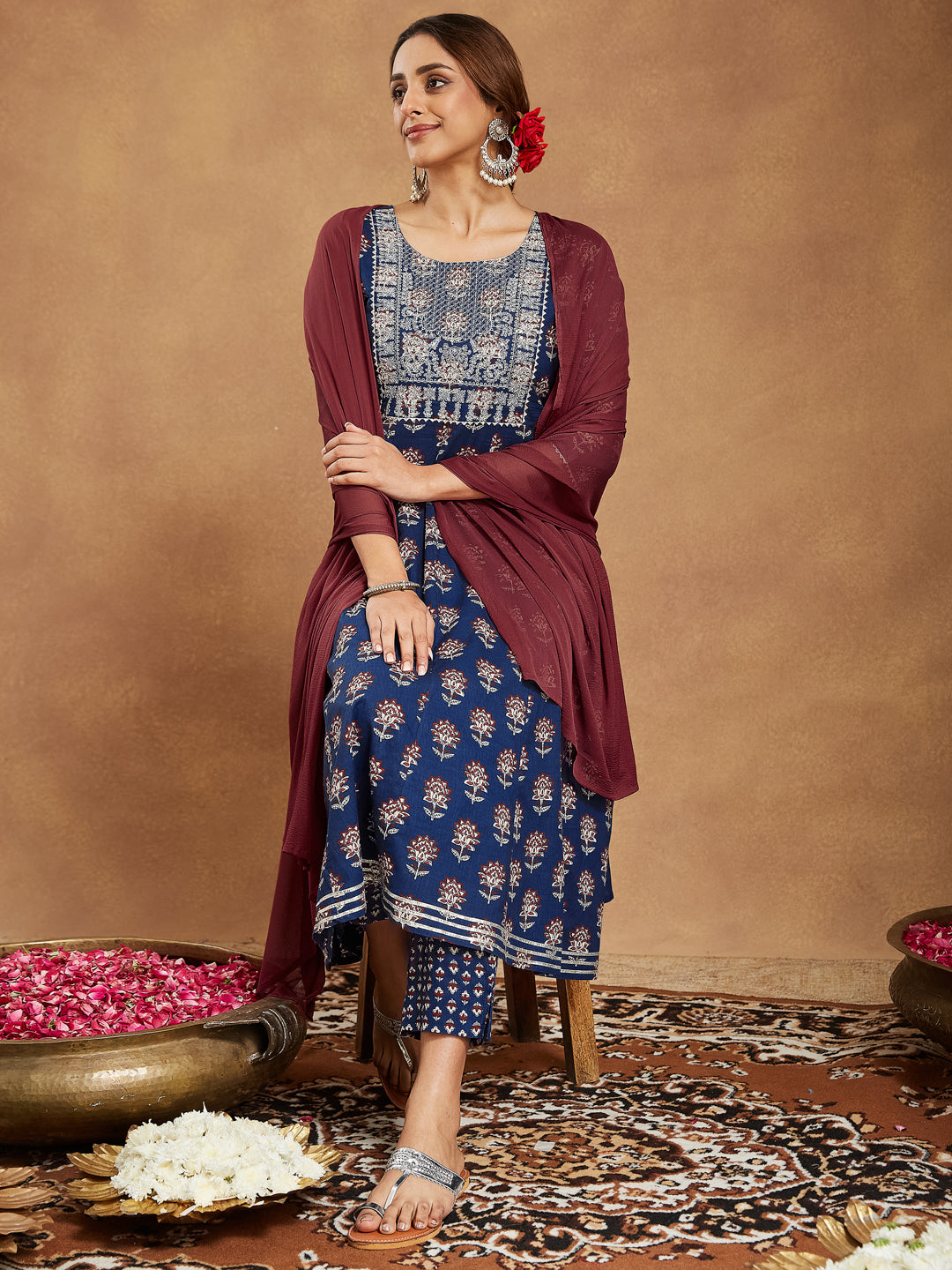 Janasya Women's Navy Blue Pure Cotton Yoke Embroidered Floral Printed Anarkali Kurta Set