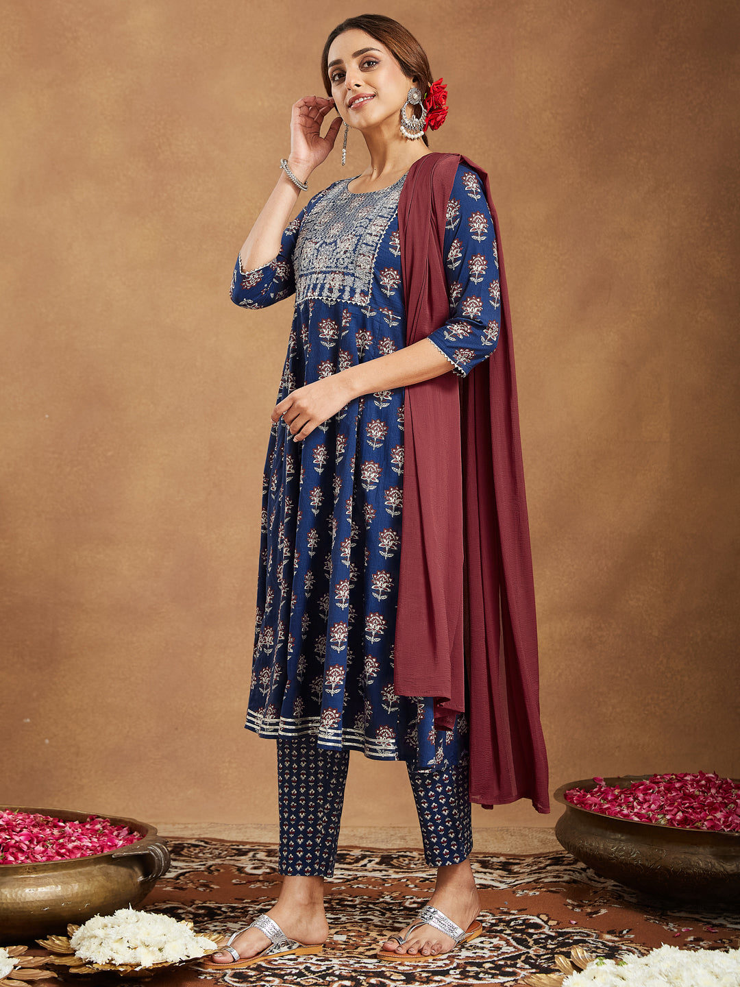 Janasya Women's Navy Blue Pure Cotton Yoke Embroidered Floral Printed Anarkali Kurta Set