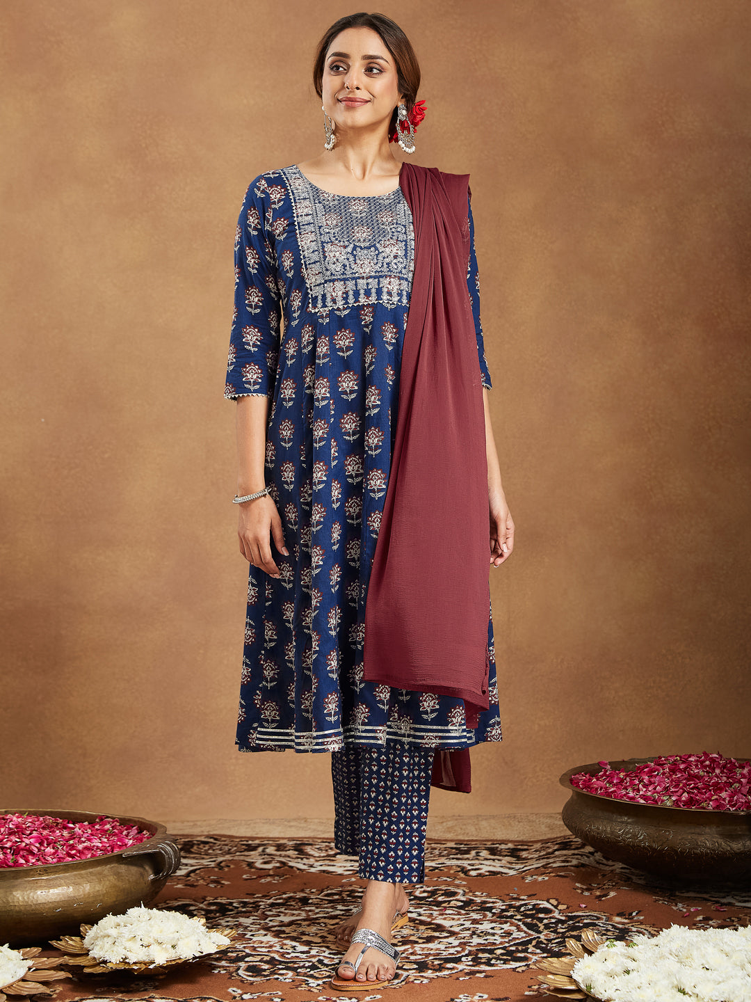 Janasya Women's Navy Blue Pure Cotton Yoke Embroidered Floral Printed Anarkali Kurta Set