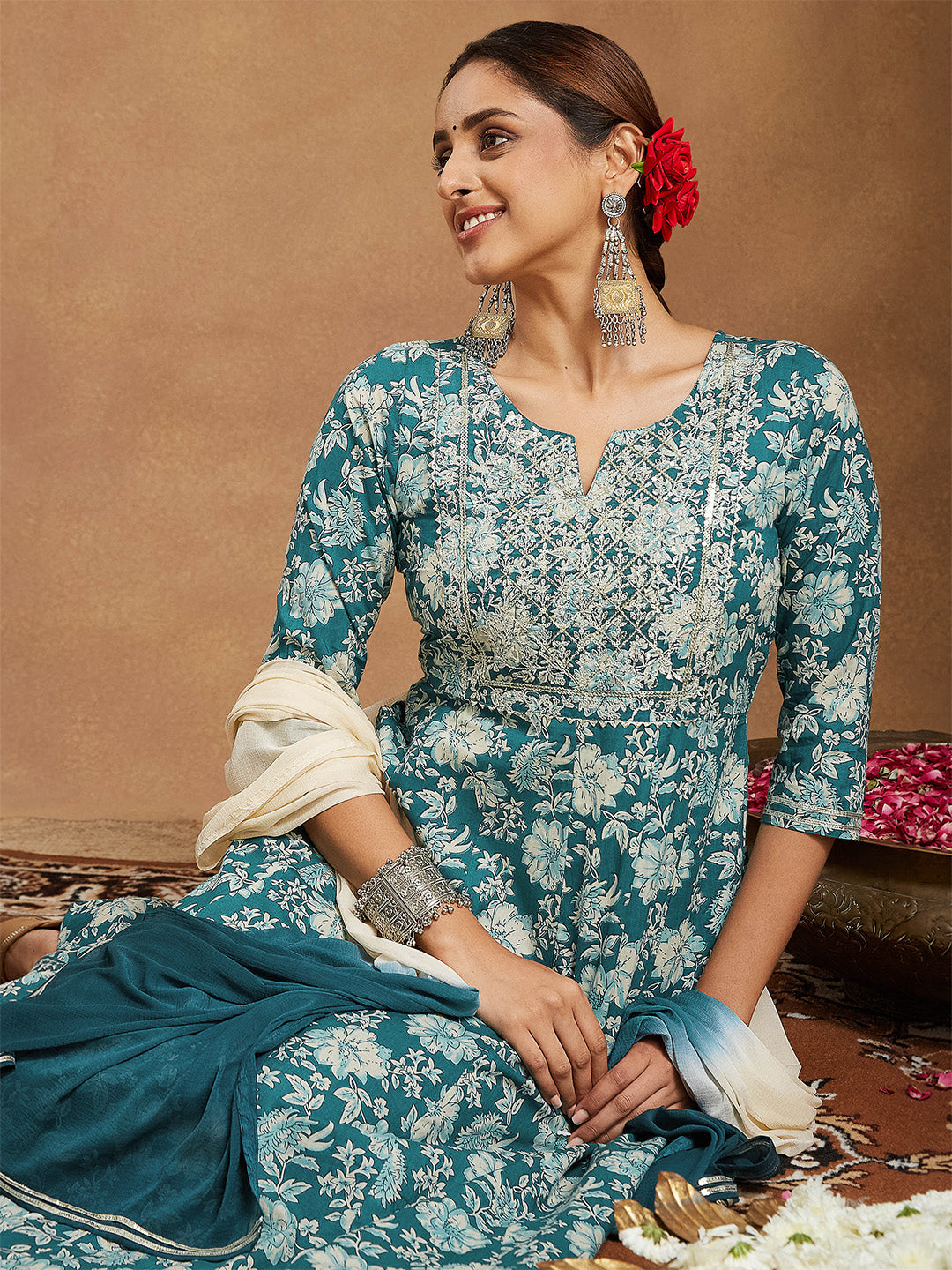 Janasya Women's Teal Green Pure Cotton Yoke Embroidered Floral Printed Anarkali Kurta Set
