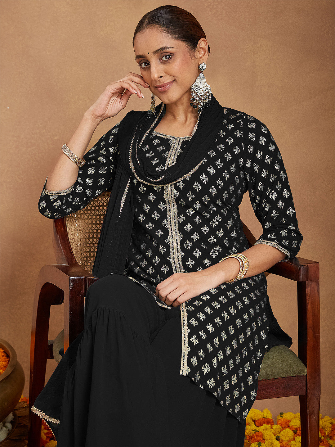 Janasya Women's Black Georgette Embellished Foil Printed Straight Kurta With Sharara & Dupatta Set