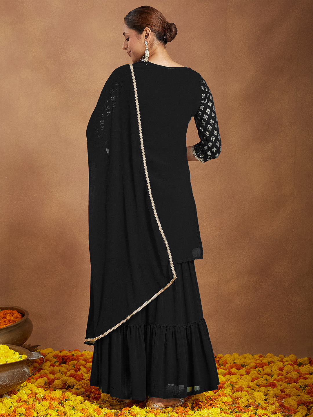 Janasya Women's Black Georgette Embellished Foil Printed Straight Kurta With Sharara & Dupatta Set