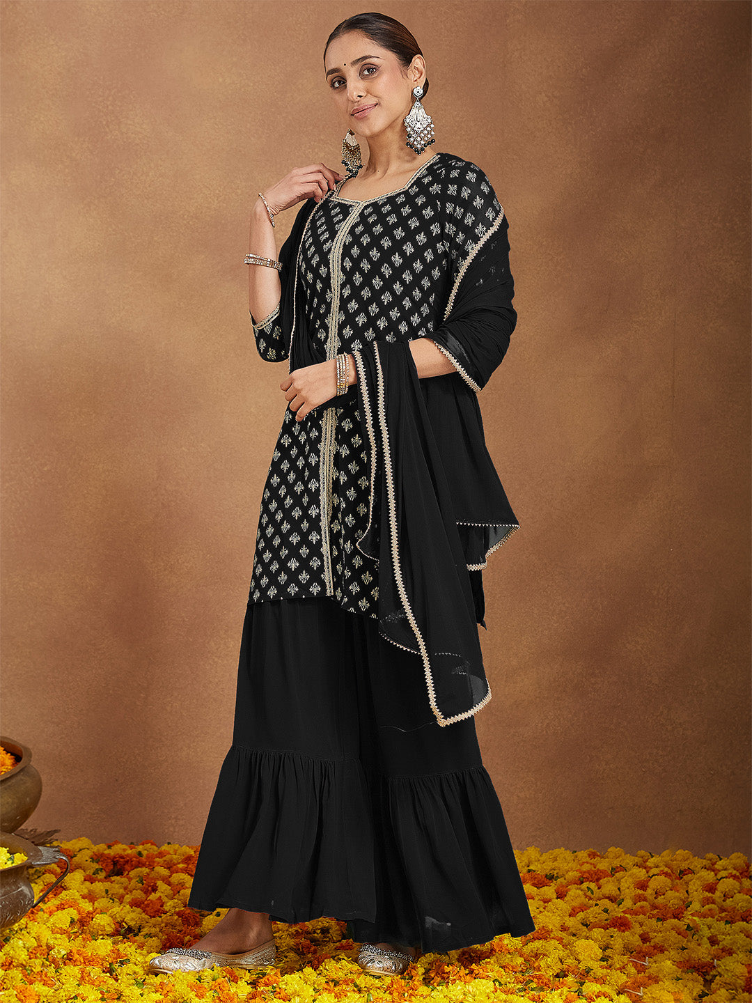 Janasya Women's Black Georgette Embellished Foil Printed Straight Kurta With Sharara & Dupatta Set