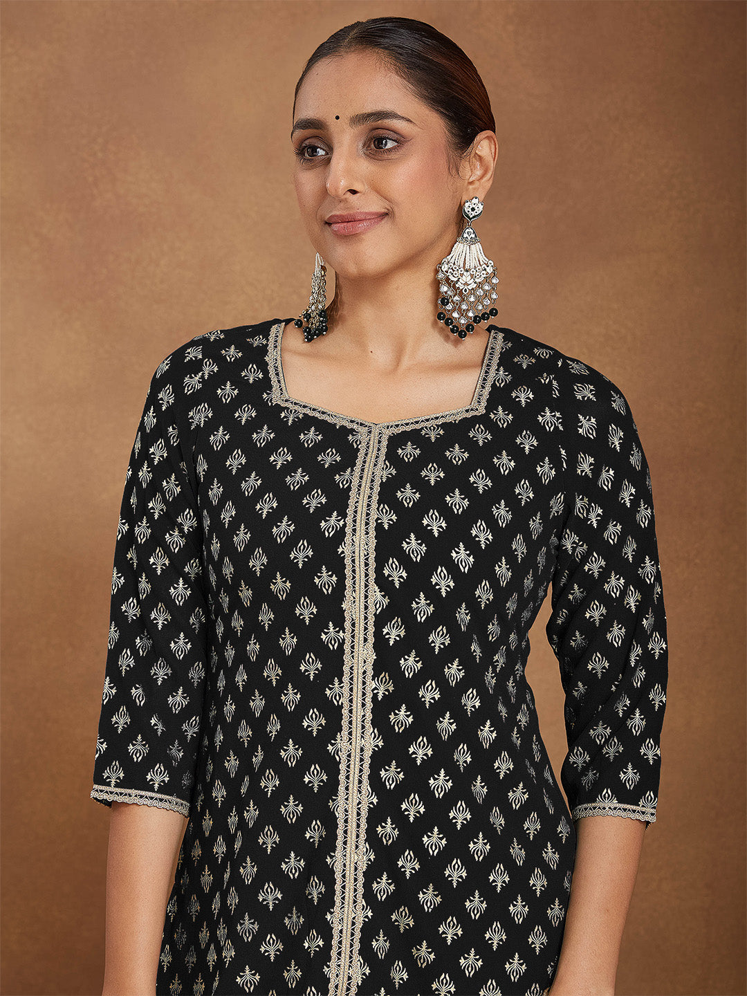 Janasya Women's Black Georgette Embellished Foil Printed Straight Kurta With Sharara & Dupatta Set