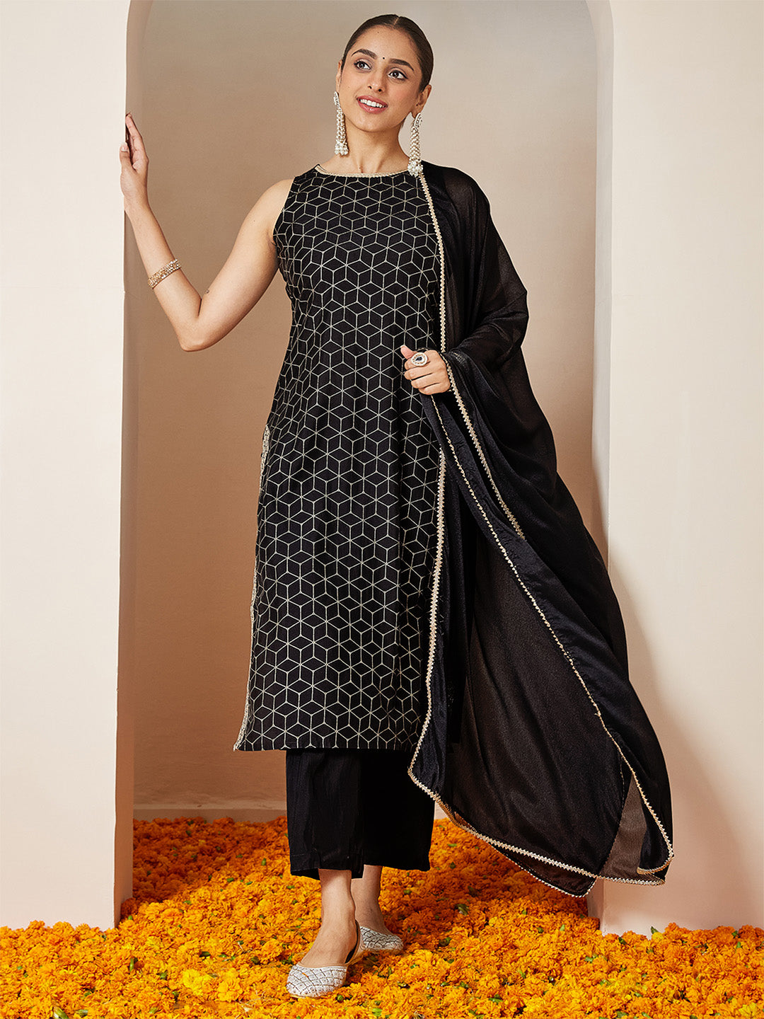 Janasya Women's Black Chanderi Silk Embellished Gold Printed Straight Kurta Set