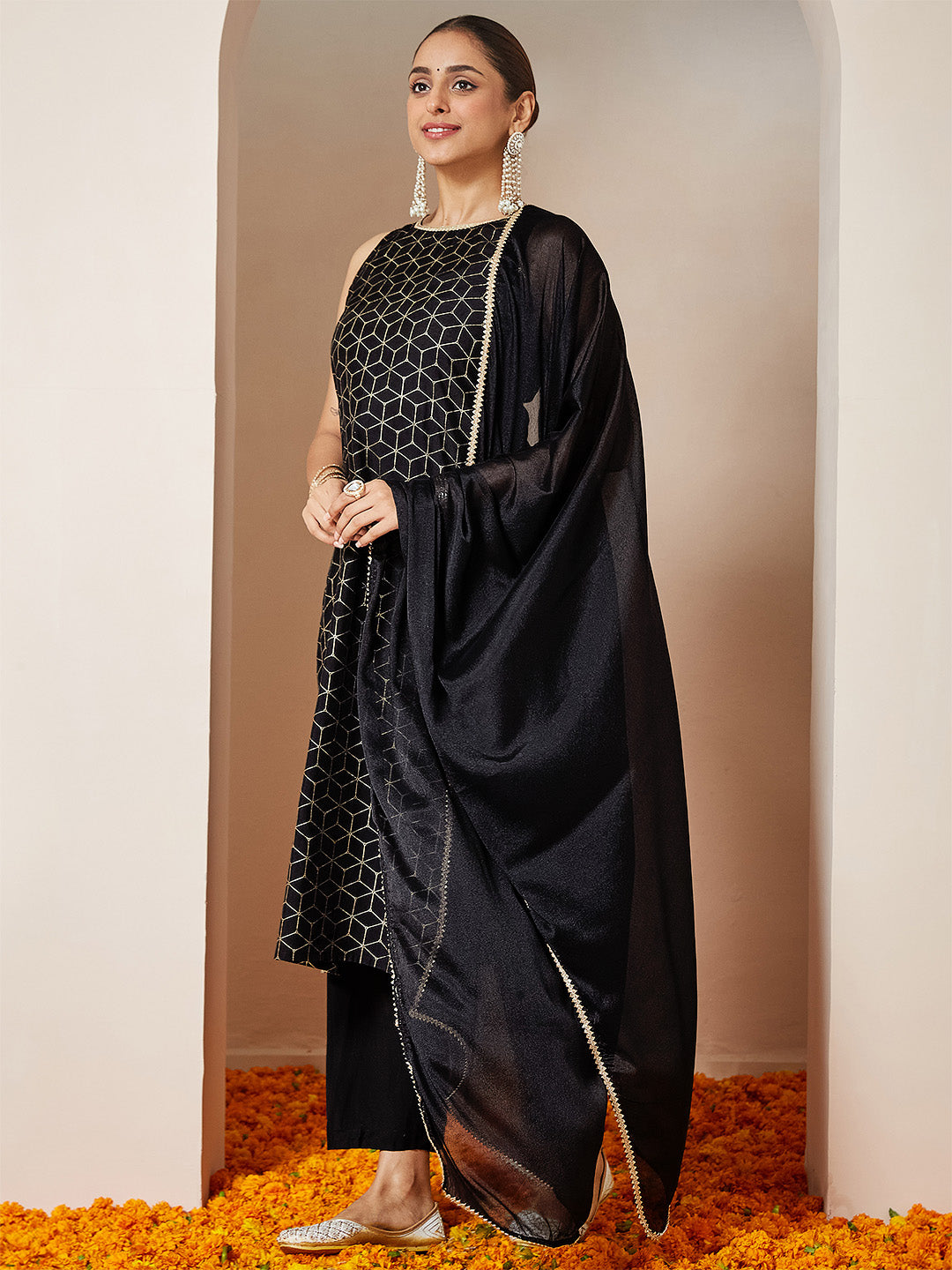 Janasya Women's Black Chanderi Silk Embellished Gold Printed Straight Kurta Set