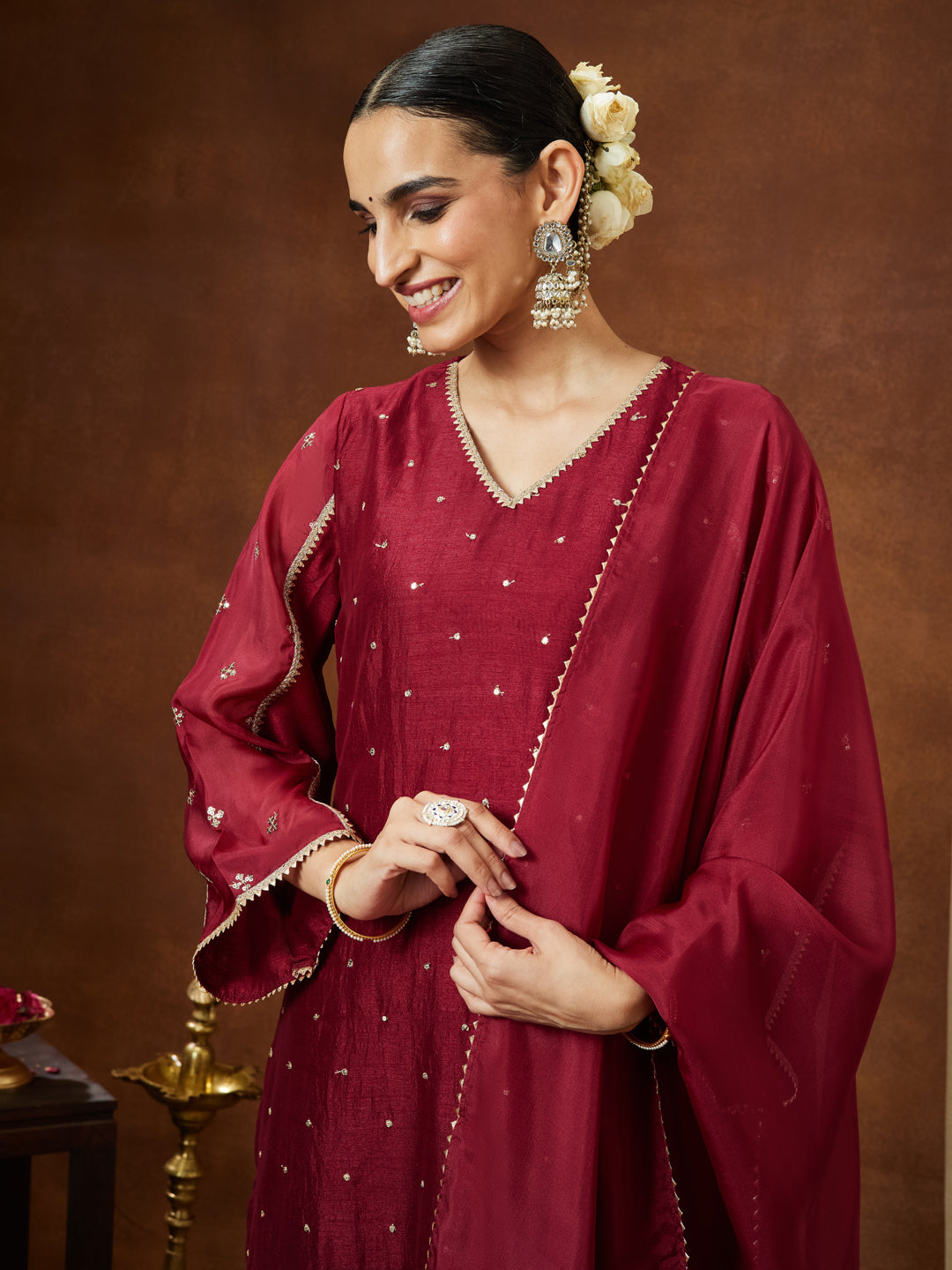 Janasya Women's Maroon Silk Blend Embellished Straight Kurta Set