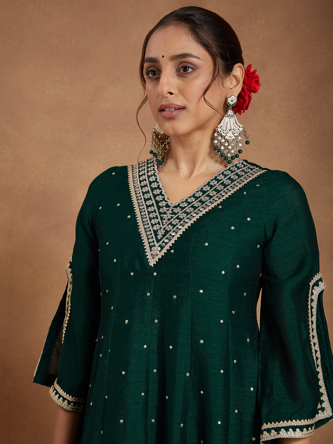 Janasya Women's Green Silk Blend Zari Embroidered Anarkali Kurta With Palazzo & Dupatta Set