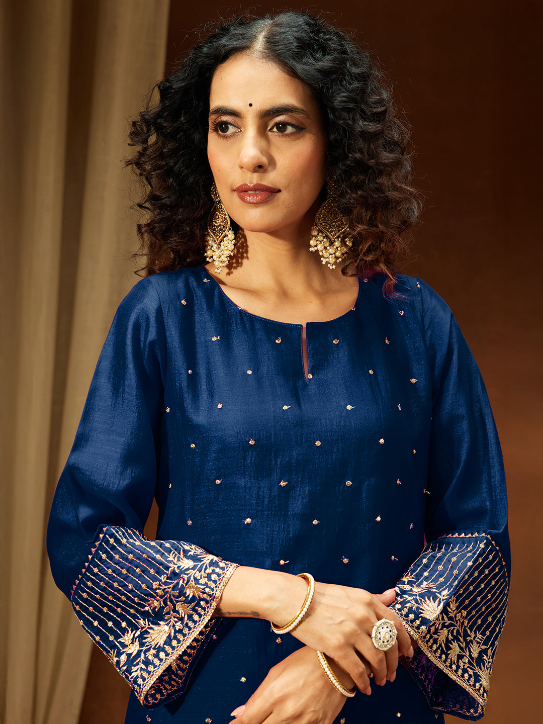 Janasya Women's Teal Blue Silk Blend Embellished Straight Kurta Set