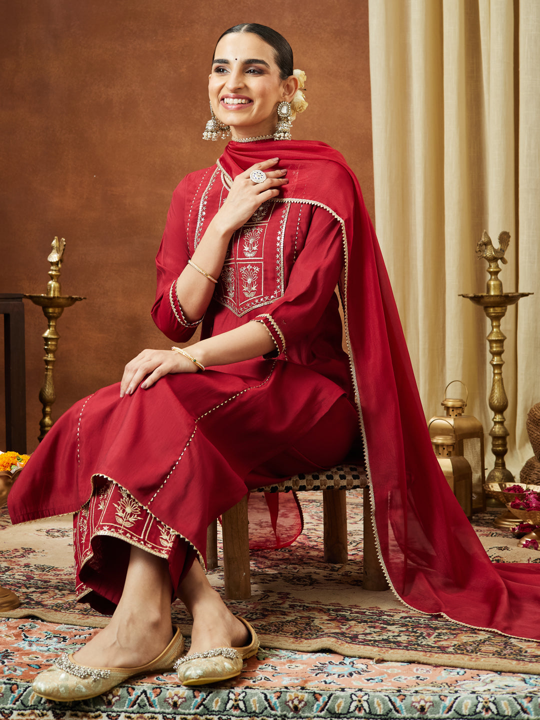 Janasya Women's Maroon Chanderi Silk Zari Embroidered Straight Kurta With Palazzo & Dupatta Set