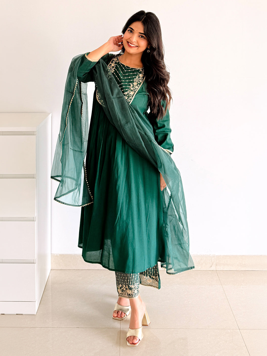 Janasya Women's Bottle Green Chanderi Silk Floral Embroidered A-Line Kurta Set