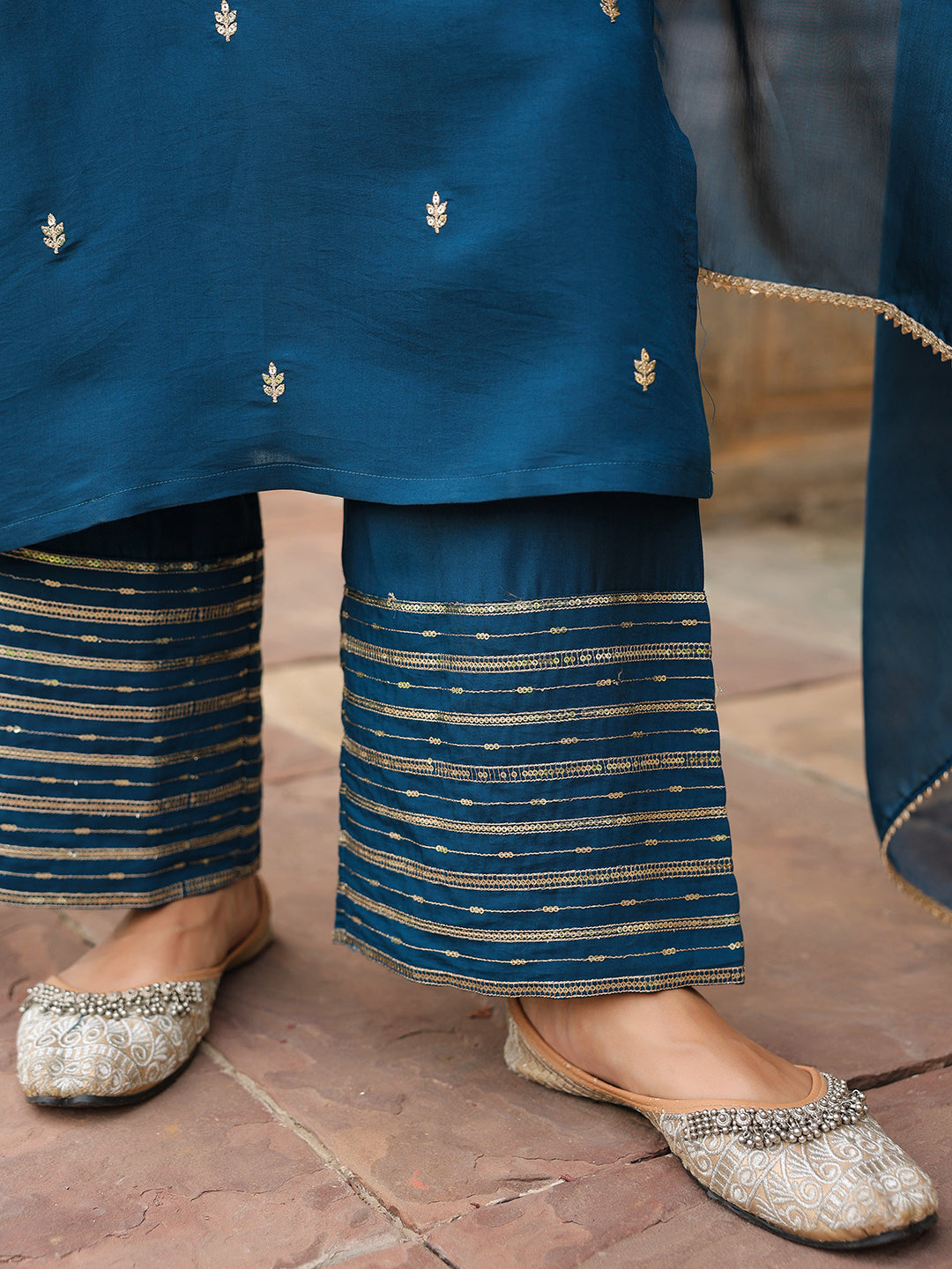 Janasya Women's Teal Blue Chanderi Silk Zari Embroidered Straight Kurta With Palazzo & Dupatta Set